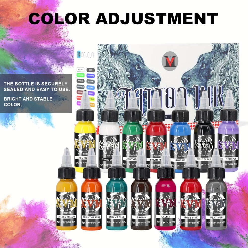 Tattoo Ink 7- or 14-Color Set with 1oz 30ml Bottles and Three Palette Configurations with Item-Specific Color, Capacity and B