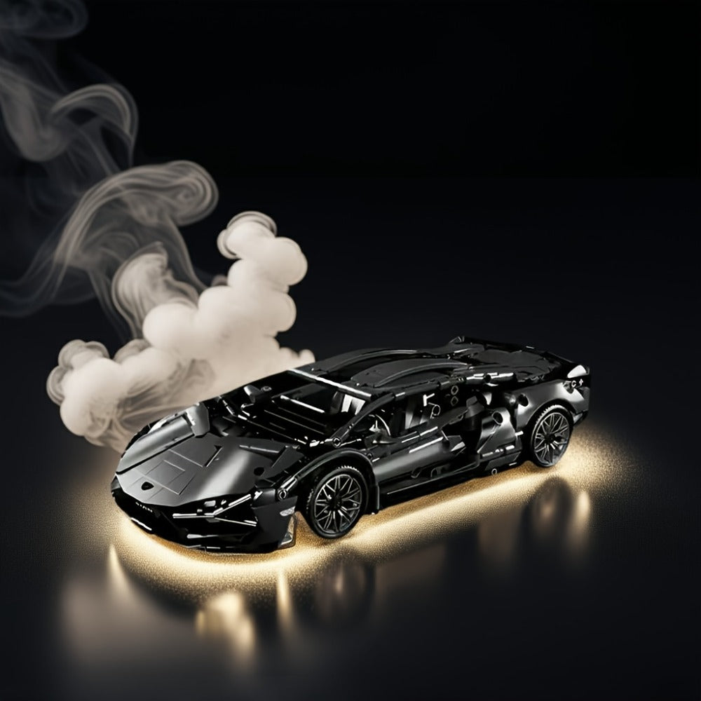 Black Supercar Building Blocks Set 1288 Pcs Limited Edition – Openable Hood Trunk Functional LED Headlights Realistic Engine 