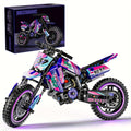 Building Block Set Off-Road Motorcycle Model, 476-Piece Purple and Black Bike with Display Dimensions and Instructions — imag