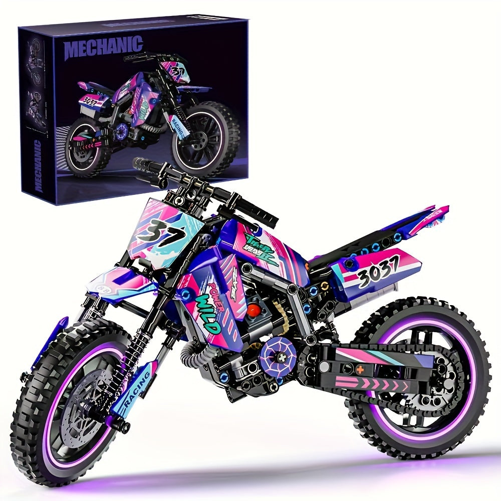 Building Block Set Off-Road Motorcycle Model, 476-Piece Purple and Black Bike with Display Dimensions and Instructions — imag