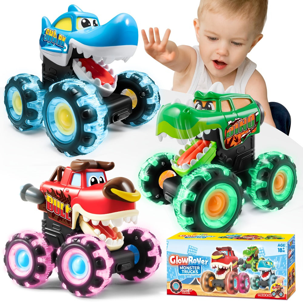 Monster Truck Toys for Toddlers 3-Pack LED Light Up Wheels Press & Go Animal Trucks Shark Bull Dinosaur — image 3