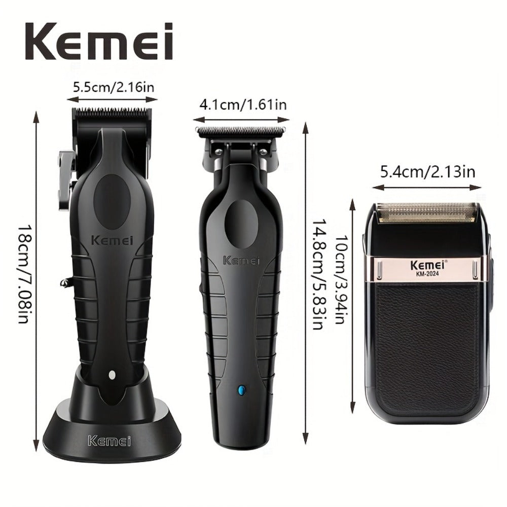 Hair Clippers & Trimmers Kemei Three-Piece Black Set with Full-Size Clipper, Detailer, Foil Shaver and Charging Base — image 