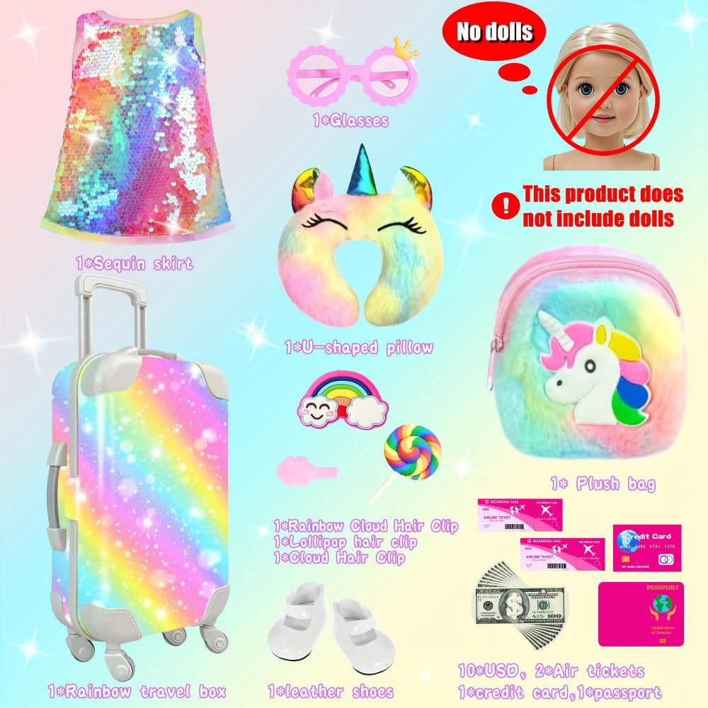 Twenty-Four-Piece Travel Accessory Set for 18-Inch Dolls with Rainbow Suitcase, Sequin Dress and Shoes — image 3
