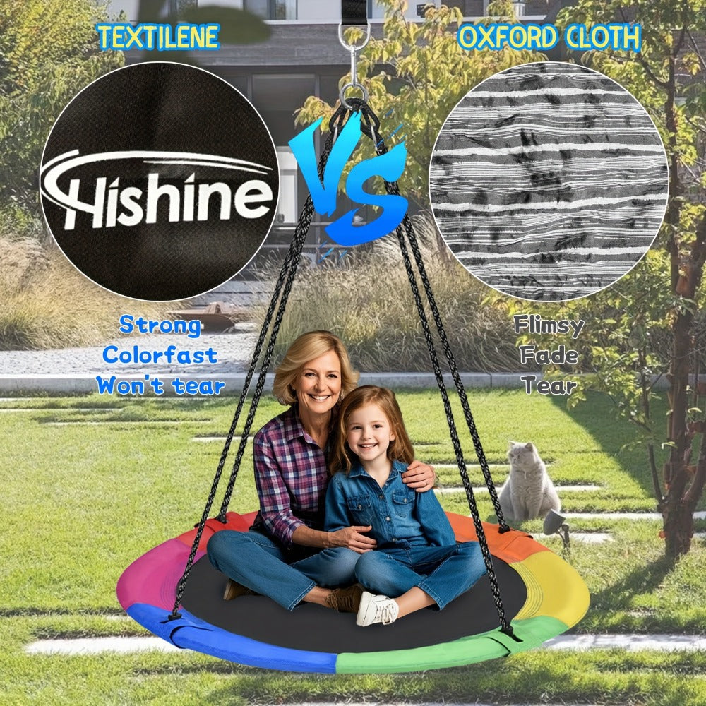 43 Inch Saucer Swing for Kids Outdoor, 360° Spinning Nest Swing with Swivel, Adjustable Ropes & Hanging Straps for Tree or Sw