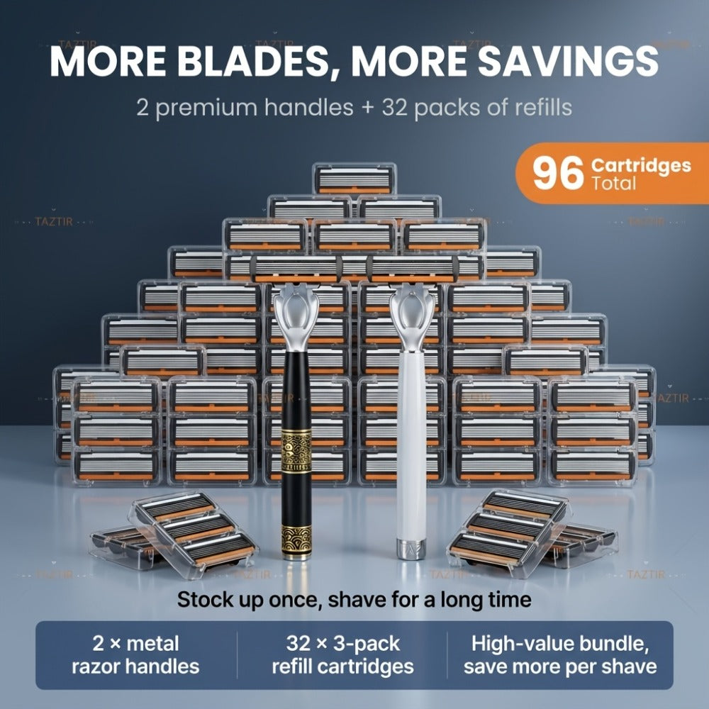Luxury Men's Razor Set 6-Layer Blades – 2 Ergonomic Anti-Slip Handles & 72 Replaceable Blades, Precision Manual Shaving Kit —