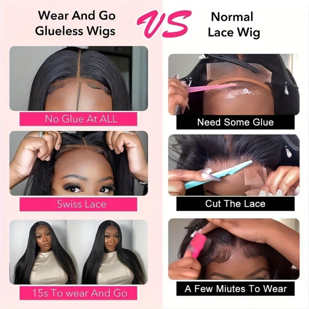 Glueless Straight Human Hair Wig 4x4 Lace Closure Pre-Plucked Natural Hairline Versatile Parting Natural Black 12-28 Inch Wom