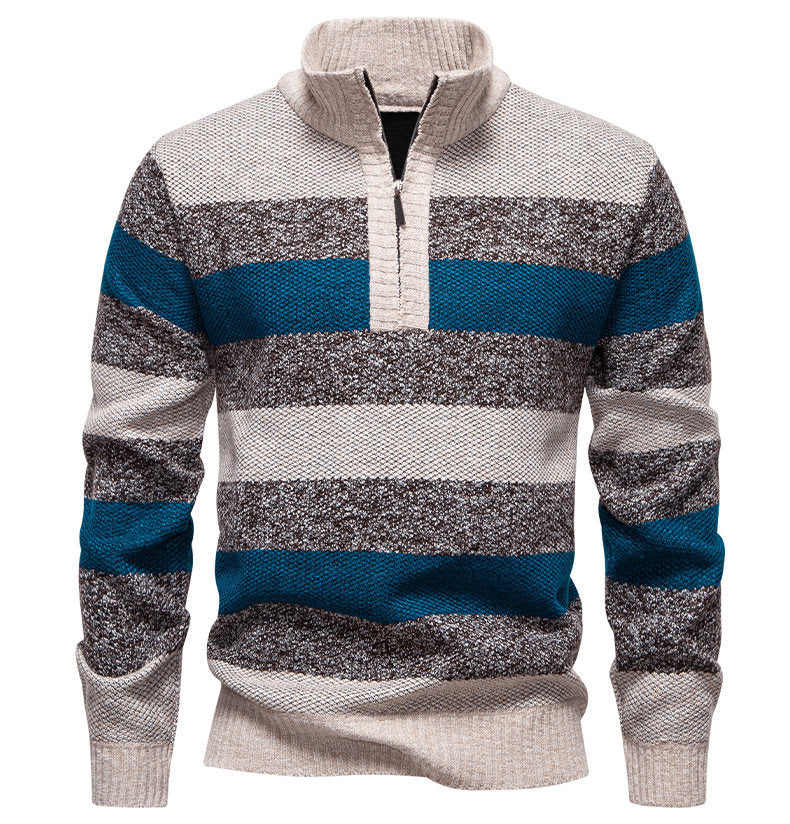 Mens Color-Block Stand-Up Collar Half-Zip Fleece-Lined Thermal Sweater