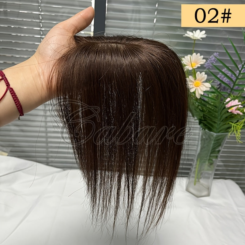 Hair Topper with Bangs Human Hair 5x9 Base Straight Clip In Crown Coverage Volume Booster, for Home, Travel and Salon Hair St