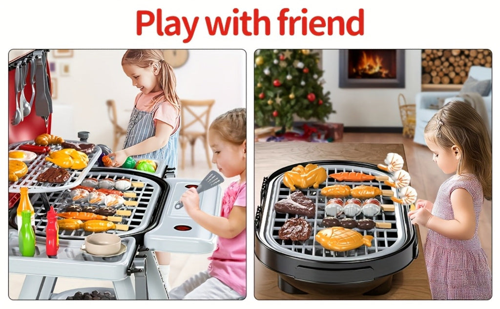 Kids BBQ Grill Playset Two-Tier for Grilling, Camping and Outdoor Meals with Toy Food Meats Fruits Spices & Working Water Tap