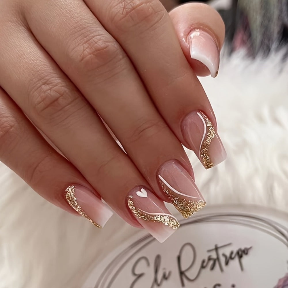 Press On Nails 216-Piece Soft Gel Short Square Set with French, Gradient, Glitter and Heart Designs — image 9