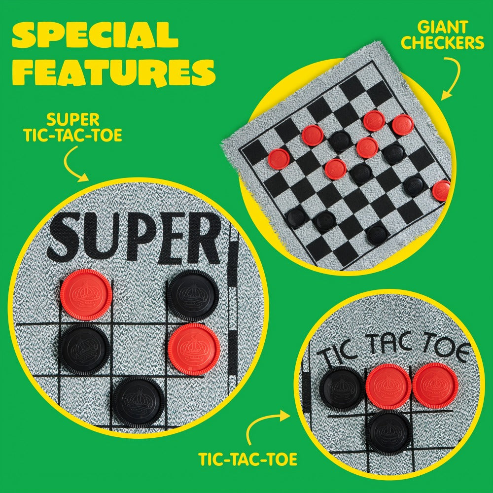 Giant Checkers Game 3-in-1 Set with Tic Tac Toe Reversible Mat 24 Oversized Pieces – Indoor Outdoor Family Board Game for Kid