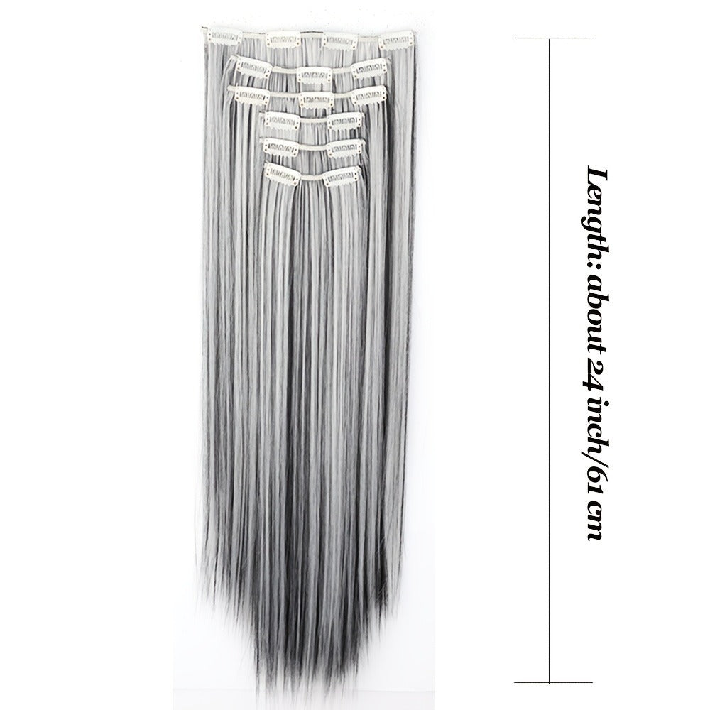 Hair Extensions Straight 24-Inch Synthetic Clip-In Set with Six Wefts in Black or Space Gray — image 7