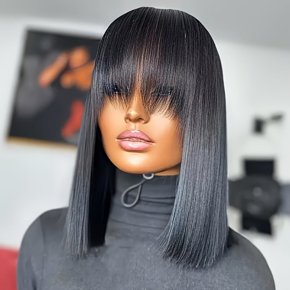 Straight Bob Human Hair Wig with Full Bangs, 250% Density, Rose Net Cap and 10-18 Inch Lengths — image 2