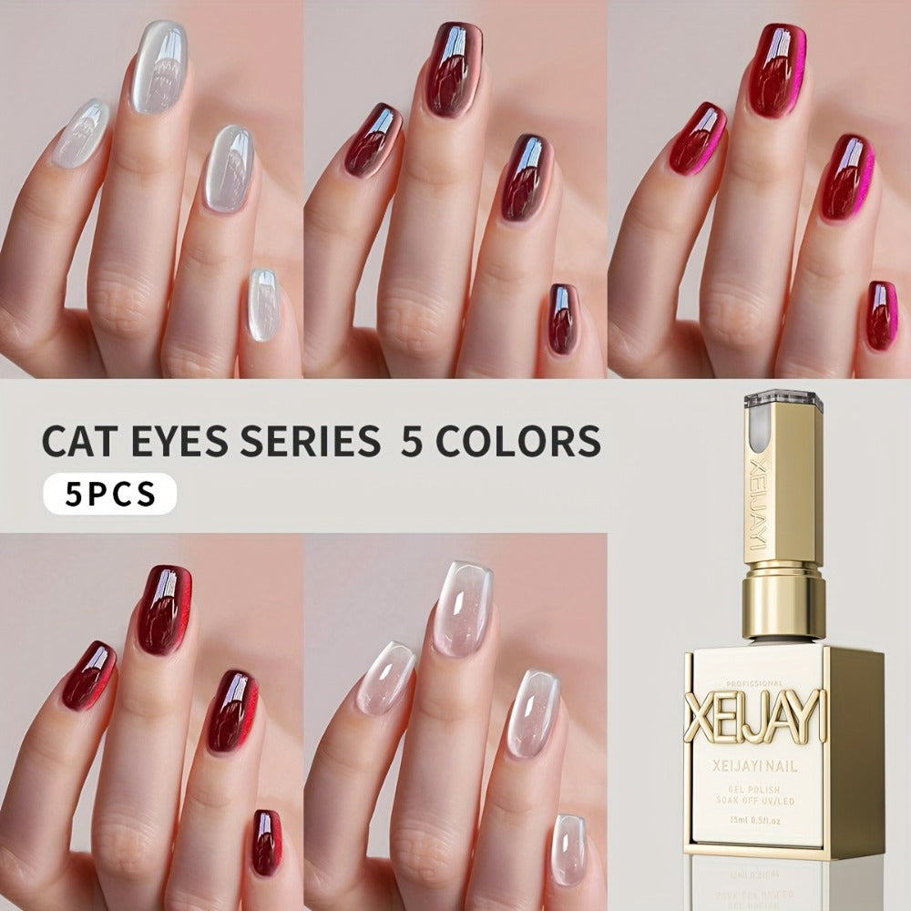Gel Nail Polish 5-Piece Magnetic Cat-Eye Set with Ruby, Raspberry, Blackberry, White-Moonlight and Clear Shades for UV/LED Cu