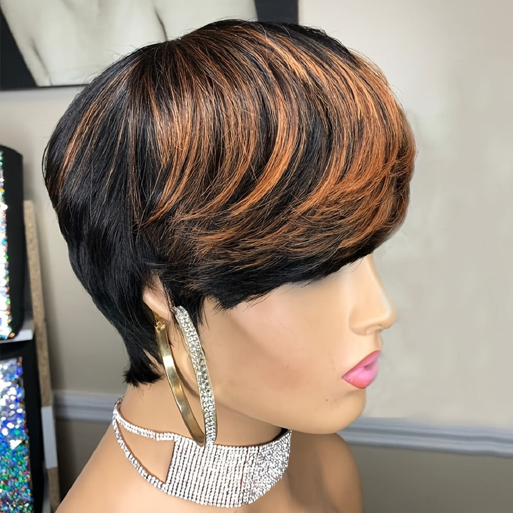 Synthetic Wig 4-Inch Layered Pixie with Bangs, Black-Blonde Look and Rose Net Cap for Daily Style — image 8