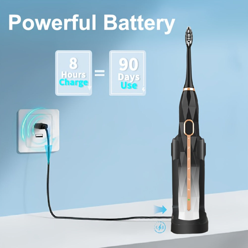 IPX8 Sonic Electric Toothbrush with 8 Replacement Brush Heads – Metal Shaft, USB Rechargeable 500mAh, Travel Case & Holder — 