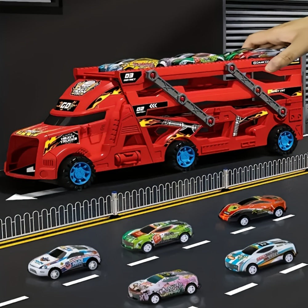 Transforming Launcher Truck Playset with 8 Alloy Cars, Foldable Storage Transporter Toy, Car Carrier Truck with Launch Ramp —