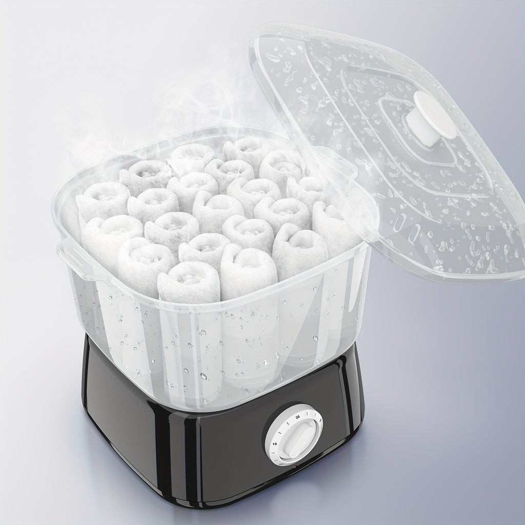 Compact Countertop Towel Steamer with Rotary Control, Black or White Base and Removable Clear Container — image 1