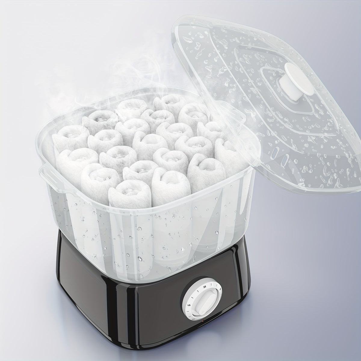 Compact Countertop Towel Steamer with Rotary Control, Black or White Base and Removable Clear Container — image 1