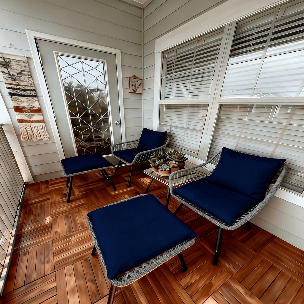 Five-Piece PE Rattan Patio Set with Two Chairs, Two Footstools, Round Glass Table and Gray-Blue Cushions — image 1