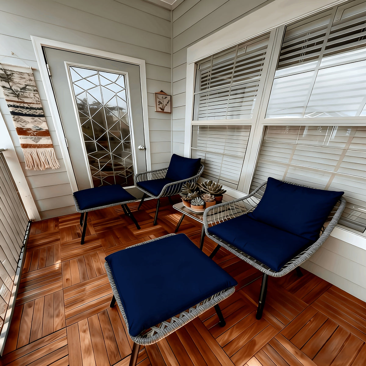 Five-Piece PE Rattan Patio Set with Two Chairs, Two Footstools, Round Glass Table and Gray-Blue Cushions — image 1