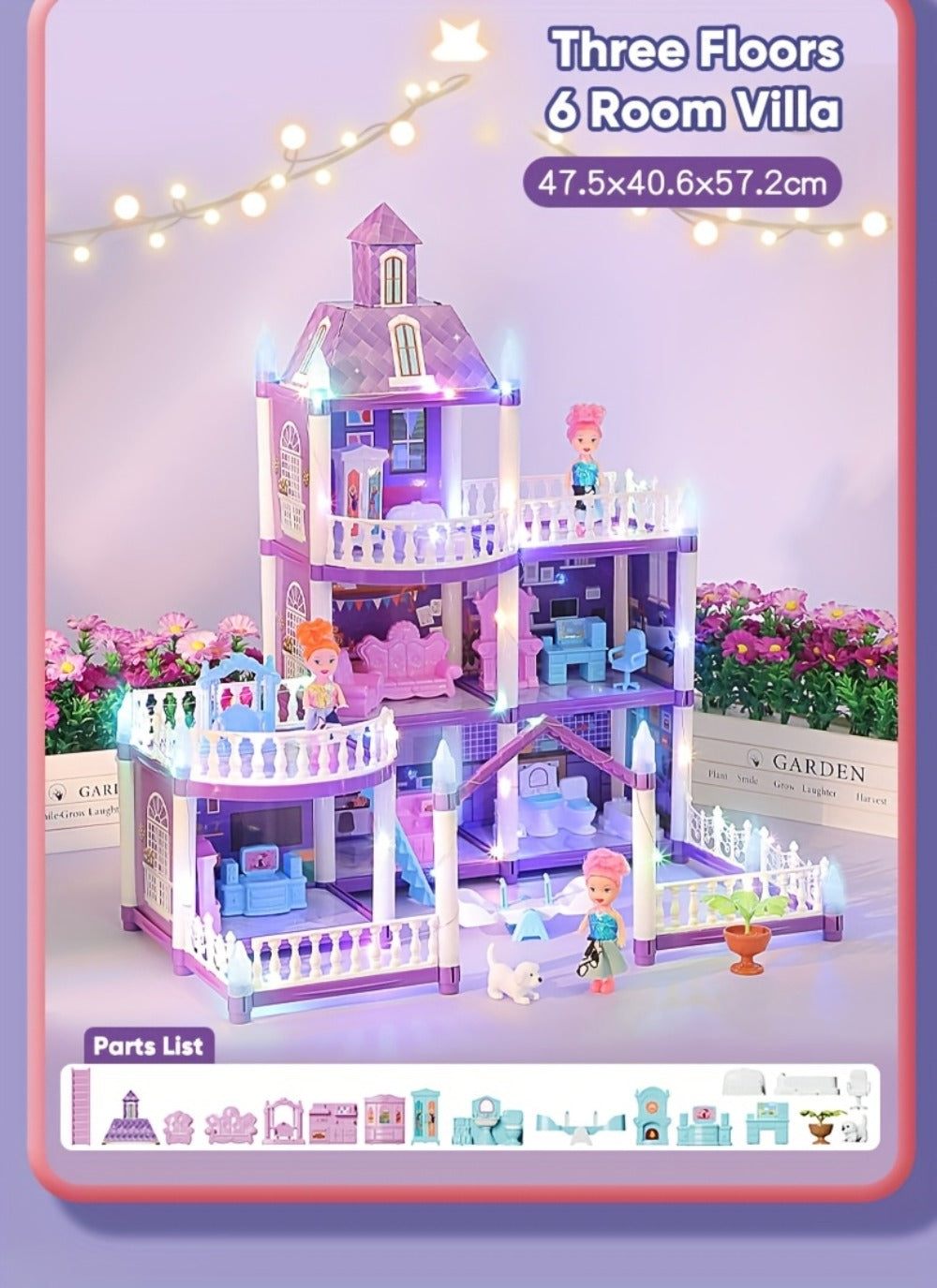 LED Dollhouse Playset for Girls, Purple Multi-Room Playhouse with Doll Figures, Puppies, Furniture & LED Lighting — image 29