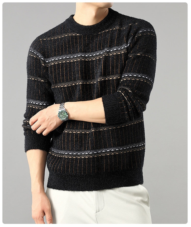 Mens Knitted Fleece-lined Thick Crew-neck Faux Mink Sweater