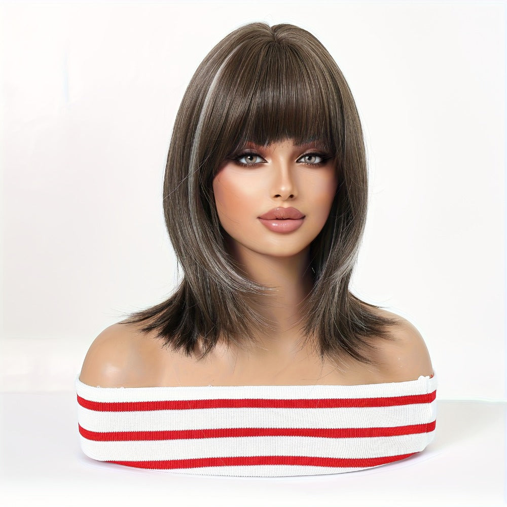 Synthetic Wig 14-Inch Layered Brown Highlight Ombre with Bangs and Rose Net Cap with Item-Specific Color, Length, Texture and