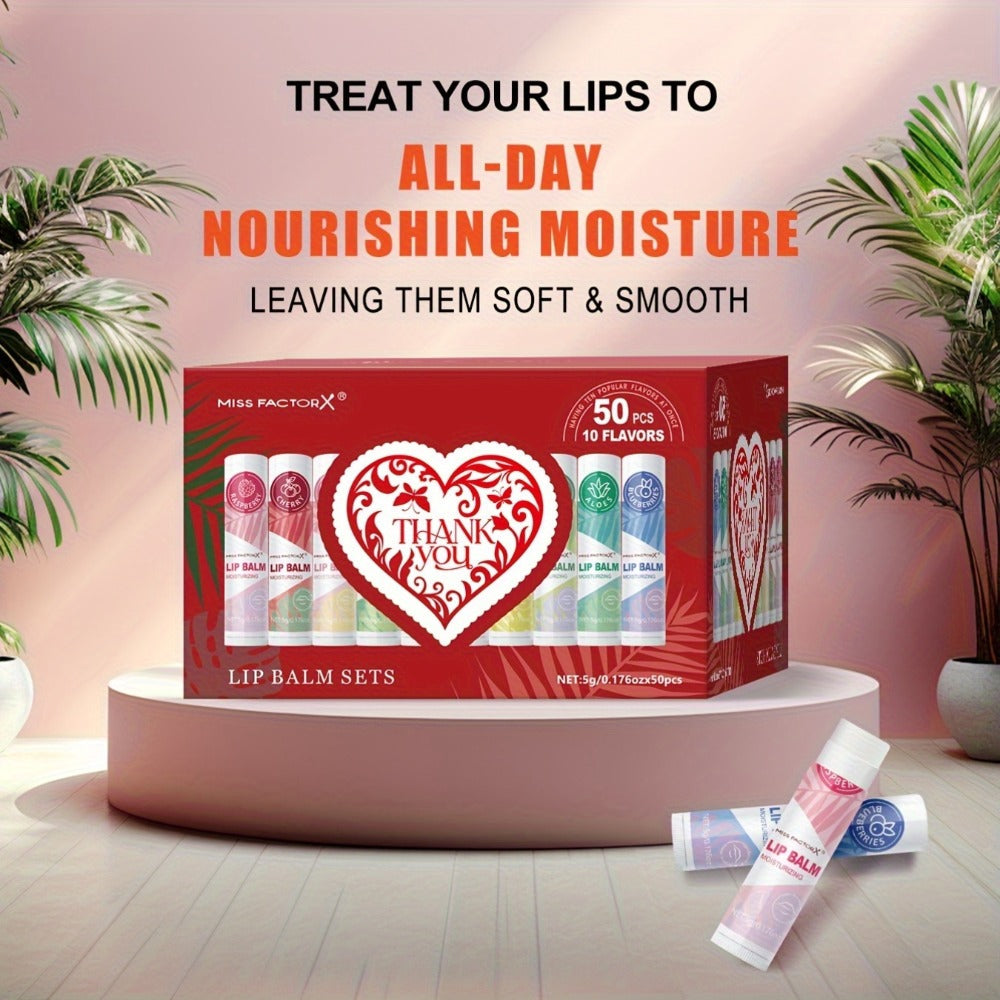Fruit Flavored Lip Gloss Set 50 Pieces – Moisturizing Lip Balm Kit in 10 Colors, Hydrating Lip Care for Dry & Cracked Lips, D