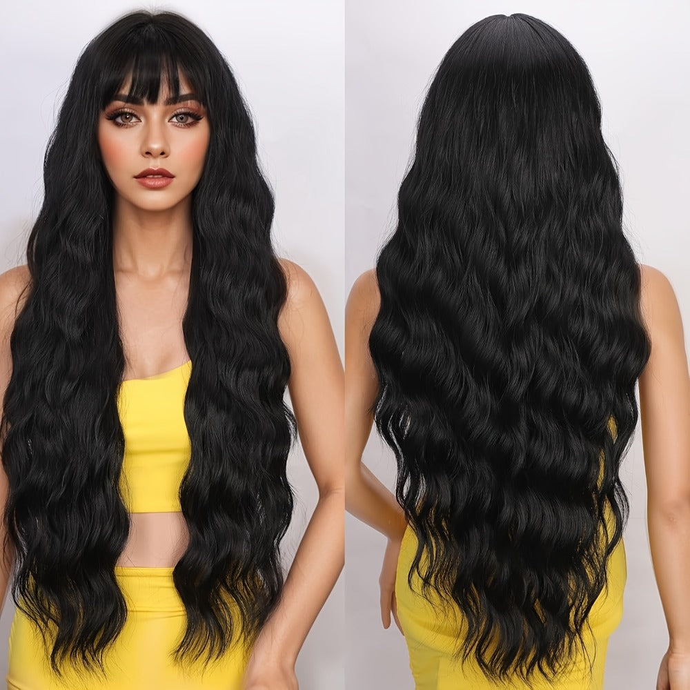 Synthetic Wig 28-Inch Black Body Waves with Bangs and Adjustable Buckle Net Cap for Daily and Party Styling — image 2
