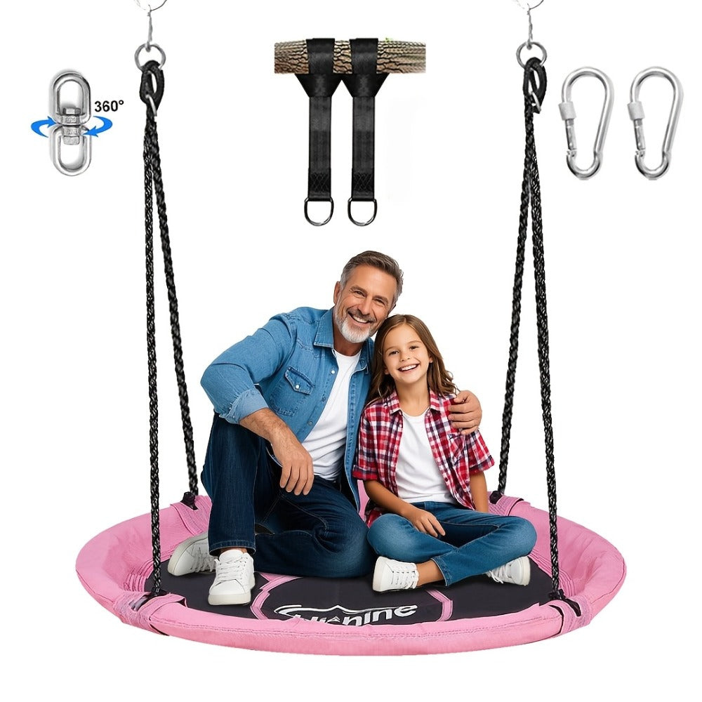 43 Inch Saucer Swing for Kids Outdoor, 360° Spinning Nest Swing with Swivel, Adjustable Ropes & Hanging Straps for Tree or Sw