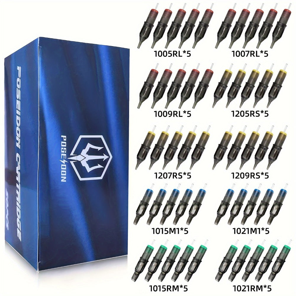 Tattoo Cartridge Needles 50Pcs Assorted - Poseidon TUV 0.30mm Stainless Steel RL RS M1 for Temporary Body Art, Festivals and 