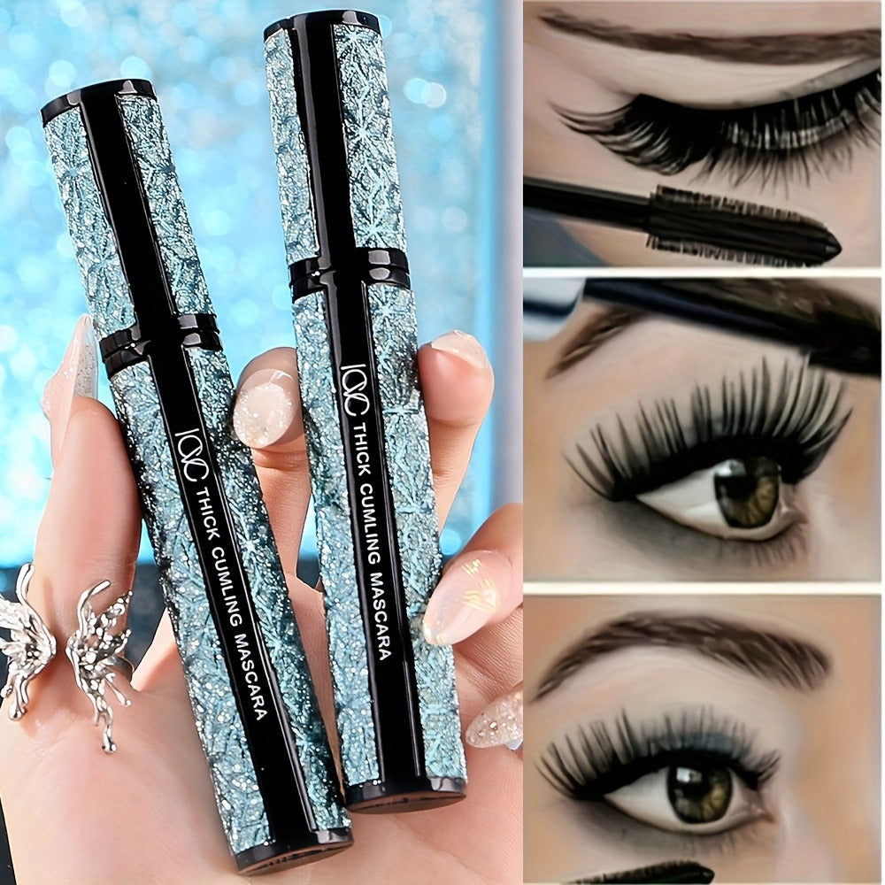 Black Mascara Three-Piece Set in Tall Silver Crystal-Pattern Tubes with Straight Black Bristle Wands — image 3