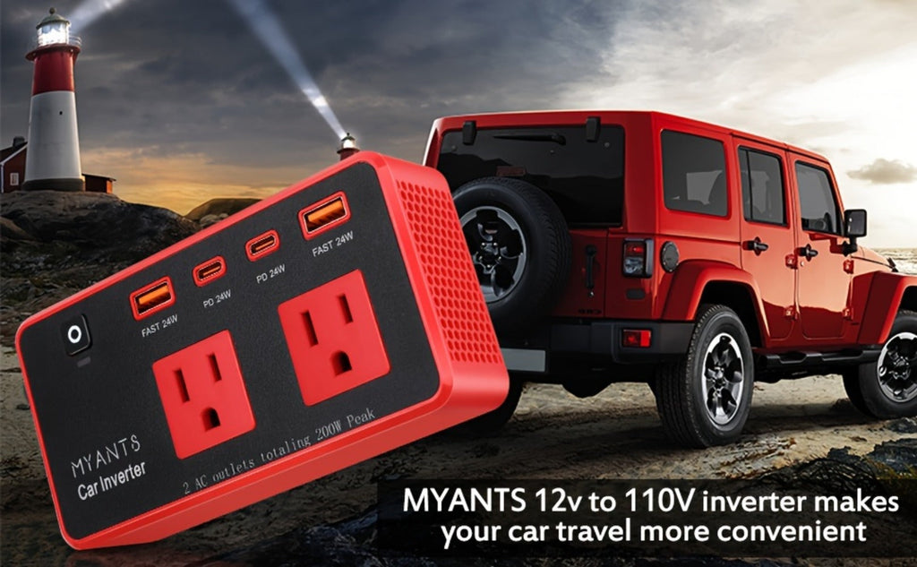 Car Power Inverter 200W – 12V DC to 110V AC, 4 USB Ports (PD & QC 3.0), Fast Charging Car Outlet Adapter for Road Trips — ima