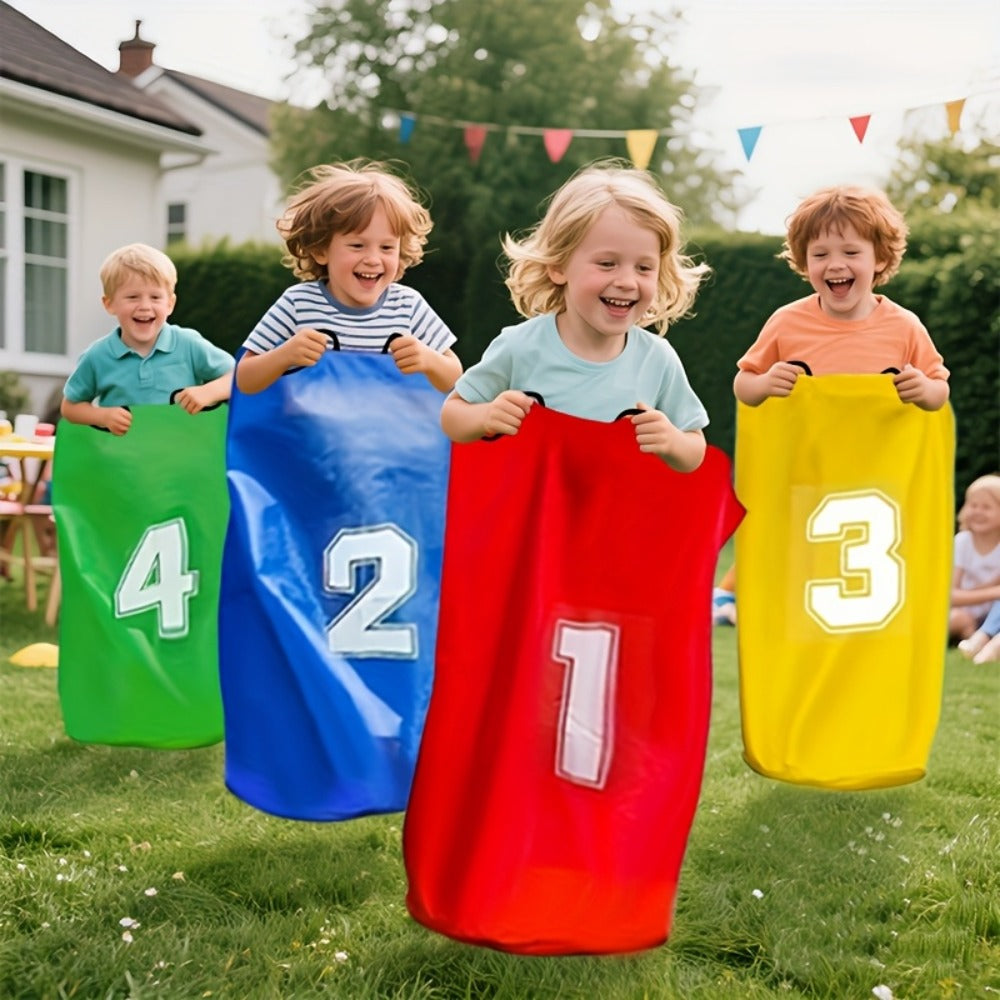 Four Numbered Sack Race Bags in Red, Blue, Yellow and Green with 65 x 46cm Pictured Size for Lawns — image 1