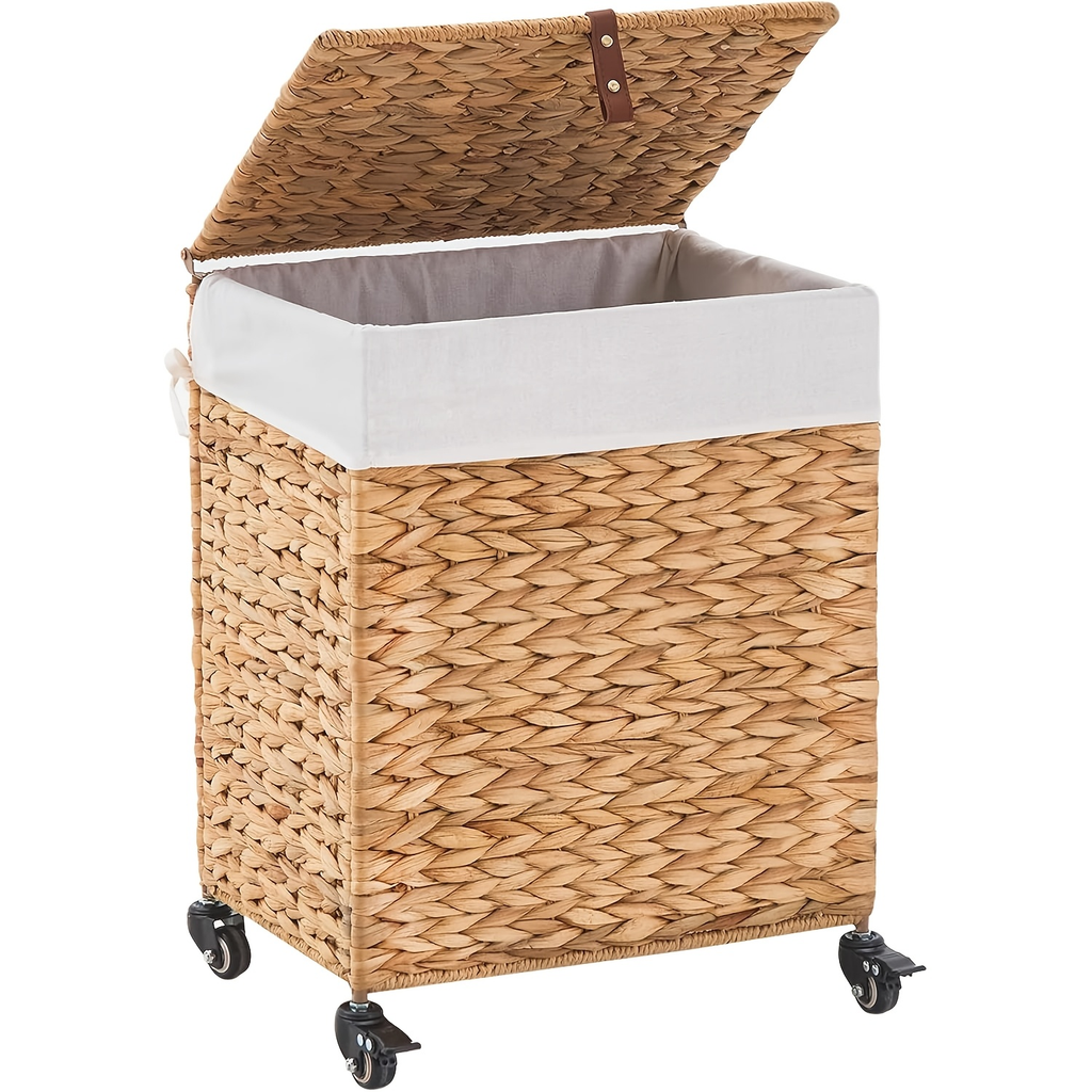 Laundry Basket with Lid & Handles – Handwoven Water Hyacinth Wicker Hamper, Removable Cotton Liner — image 1