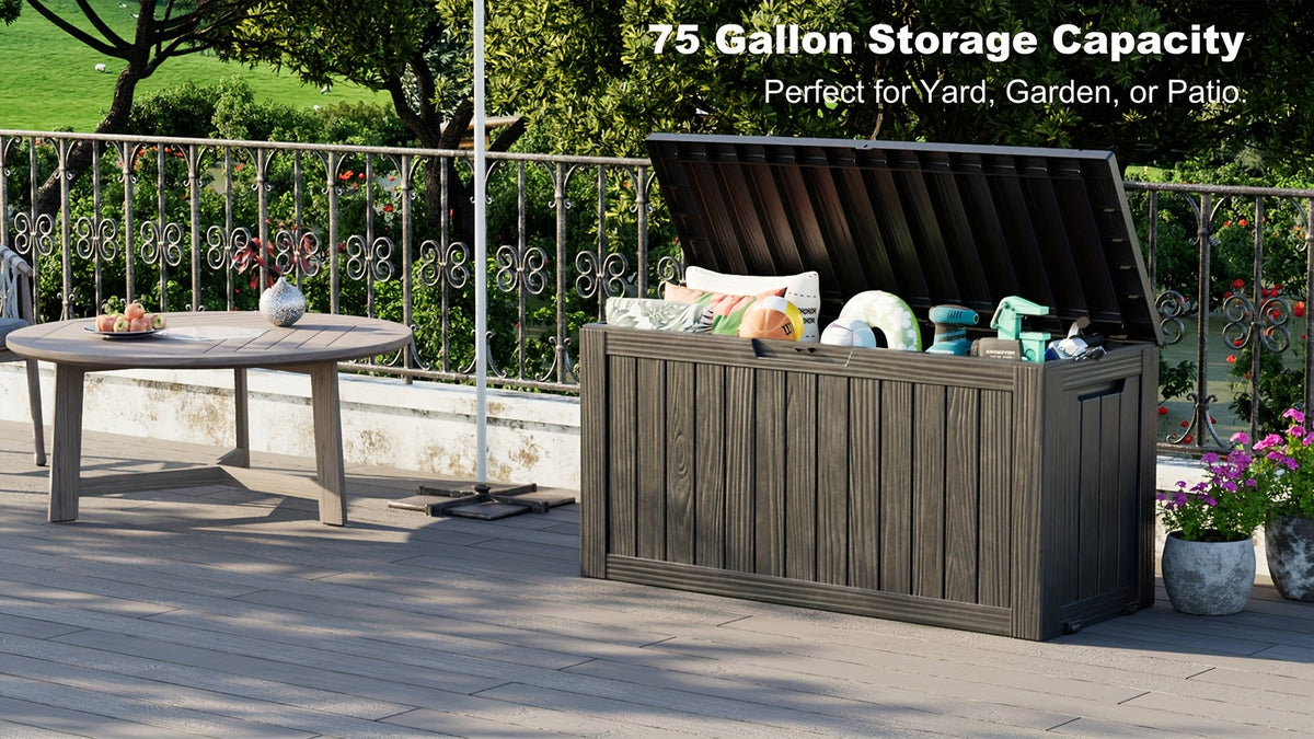 75-Gallon Outdoor Storage Deck Box with Hinged Lid, Side Grips, Small Wheels and Two Color Options — image 10
