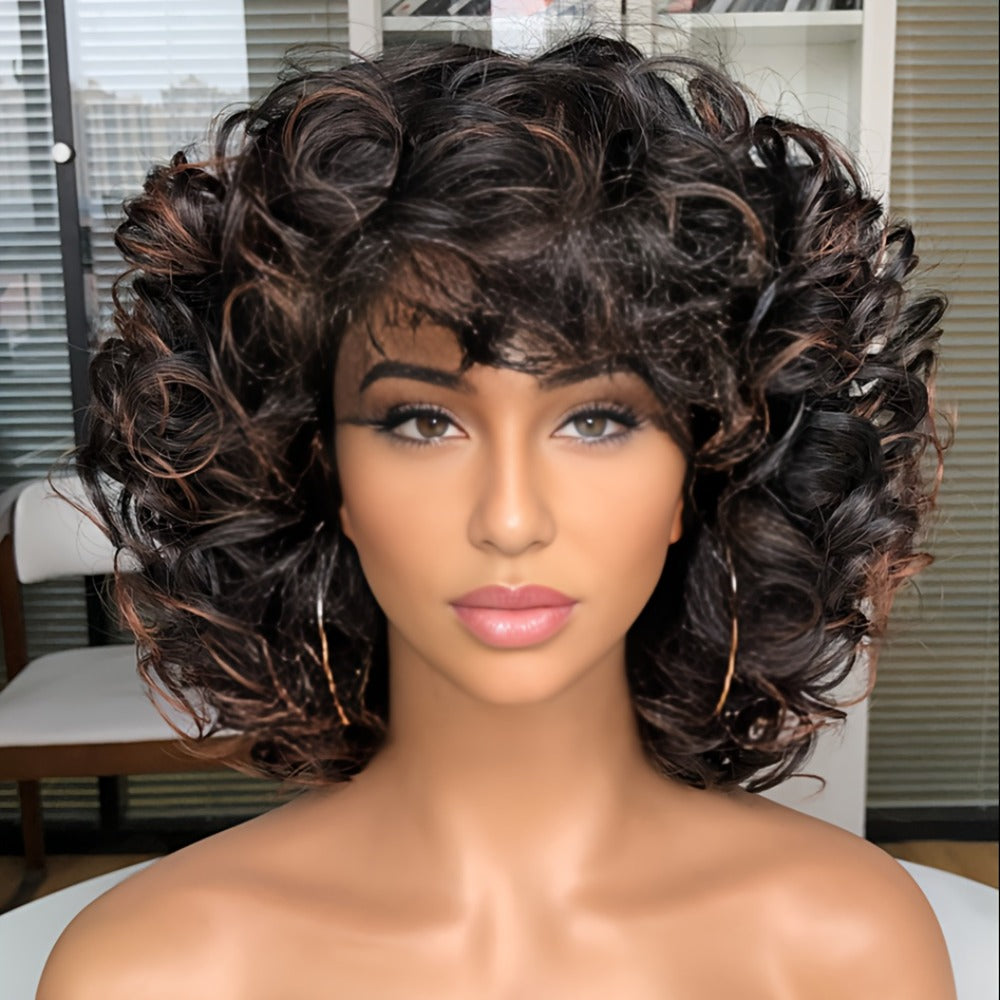 Synthetic Wig 14-Inch Jerry Curls with Wispy Bangs and 13x1 Lace Front in Three Colors for Daily Styling — image 4