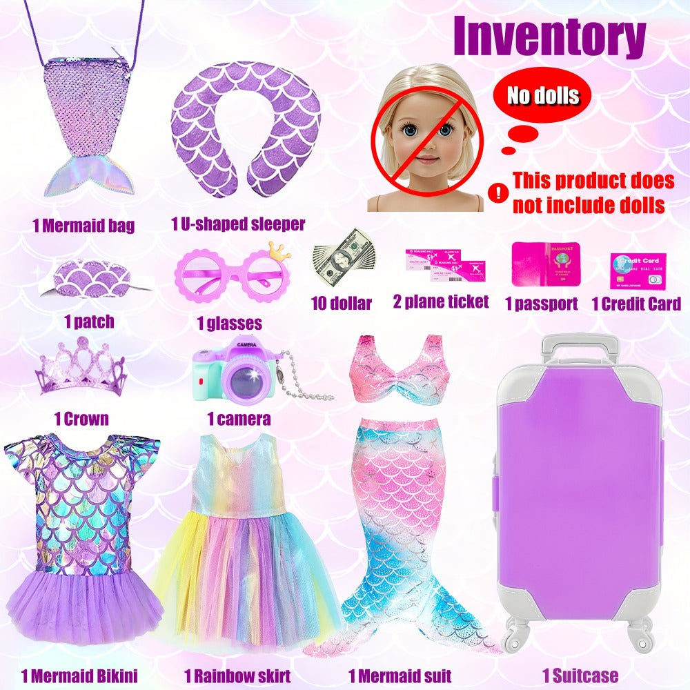 Twenty-Piece Mermaid Travel Accessory Set for 18-Inch Dolls with Purple Suitcase, Skirts and Crown — image 2