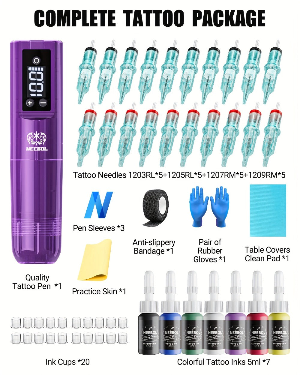 Tattoo Machine Kit Neebol Wireless Pen with Screen Display, 10 Cartridges, 7 Inks and Four Color or Pro Options — image 20