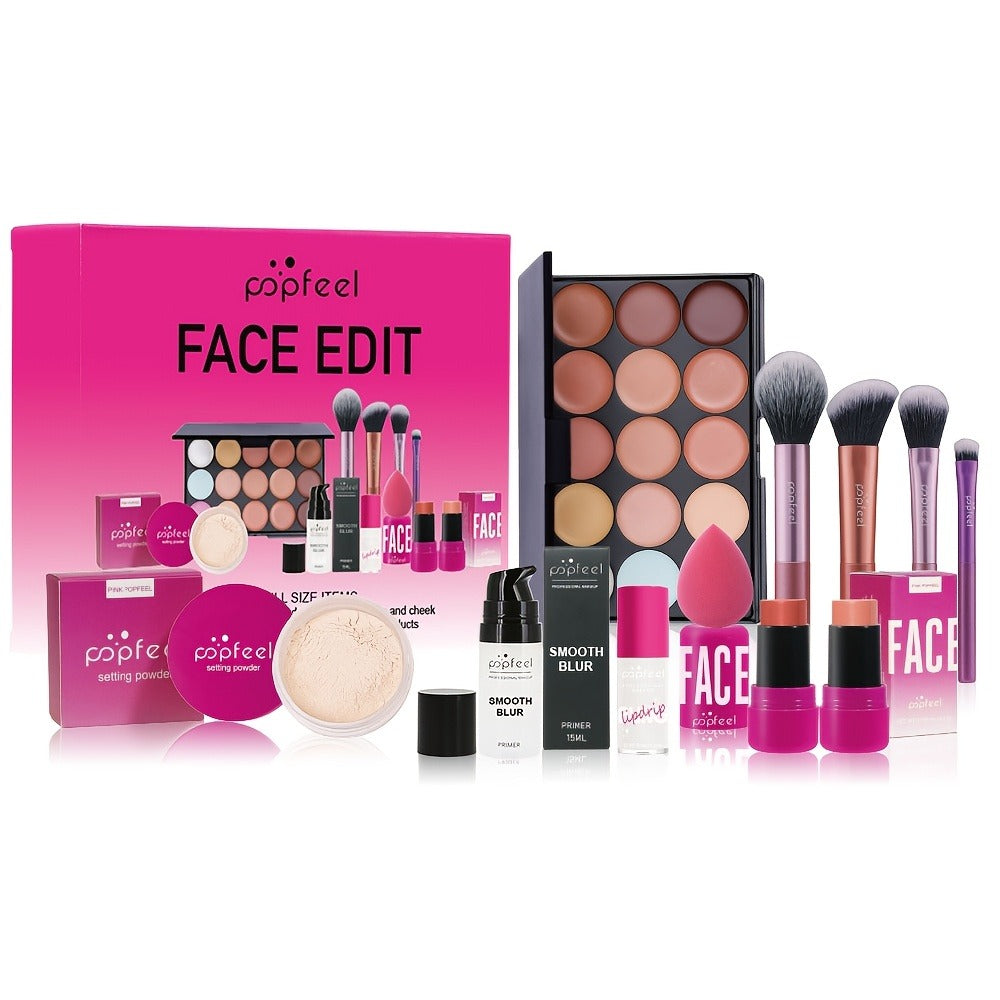 Pink Face Makeup Set with 15-Pan Face Palette, 9-Pan Color Palette, Four Brushes and Lip, Eye and Powder Products — image 3