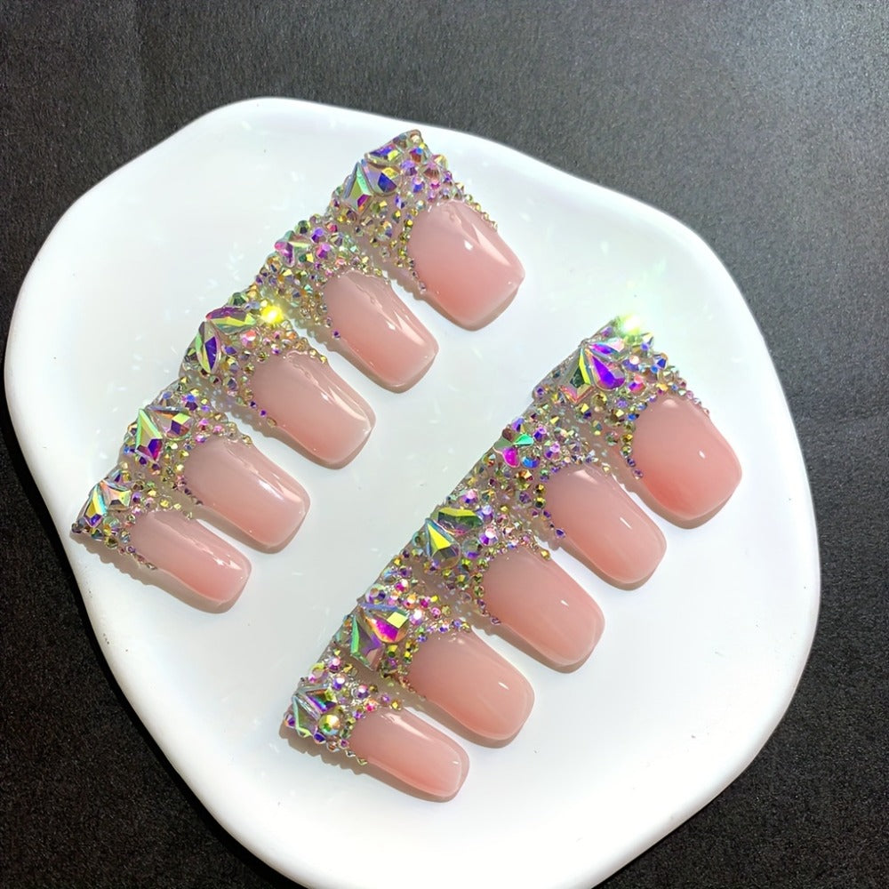 Press On Nails 10-Piece Long Duckbill Set with Nude French Tips, AB Diamond Finish and Nail Tools — image 8