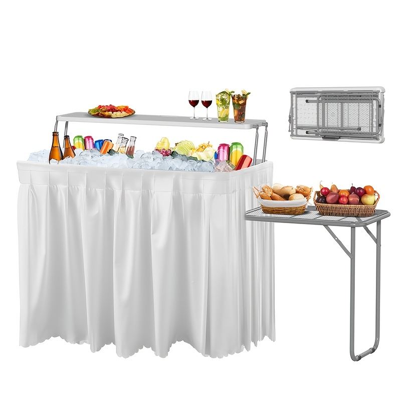 2-Tier Ice Table 40.5" Folding Bar Cooler with Drain, Skirt & Metal Shelf, Double-Layer Outdoor Beverage Station for Parties 