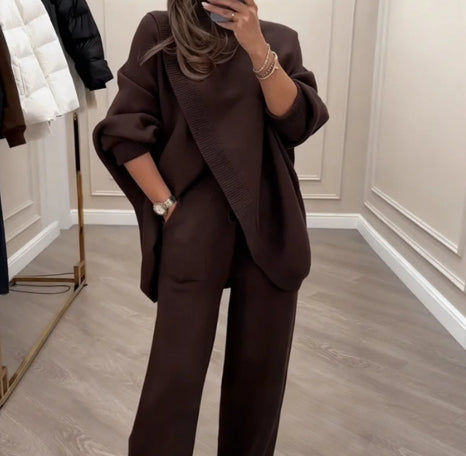 Womens Solid-Color High-Neck Cross-Over Knit Top And Pants Two-Piece Set