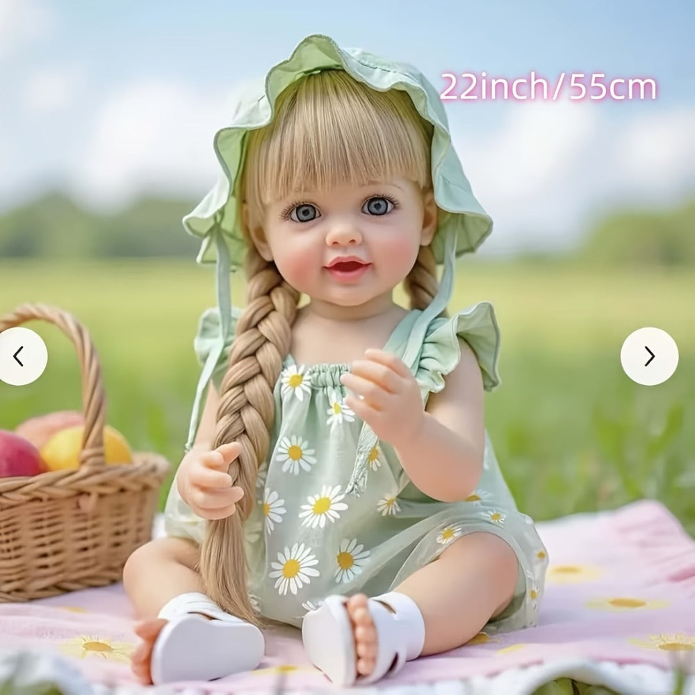 Reborn Baby Doll 22-Inch Full Vinyl Design with Long Blonde Hair, Open Eyes, Green Outfit and Accessories — image 3