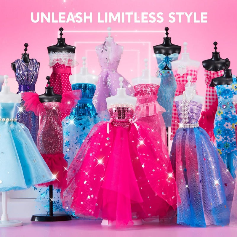 Fashion Design Kit for Girls 400+ Pieces, 3 Mannequins 21 Fabrics Ribbons Trims No-Sew DIY Dress Up Craft Set — image 4