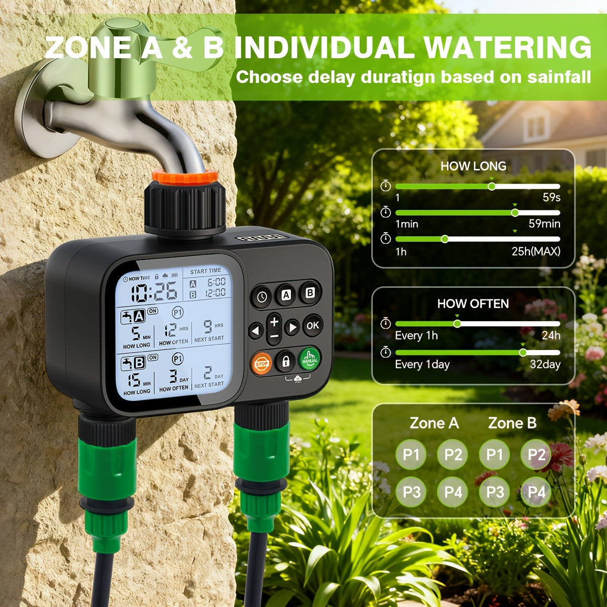 Automatic Drip Irrigation Timer Smart Garden Watering Controller 2-Zone, for Garden, Lawn and Yard Watering — image 2