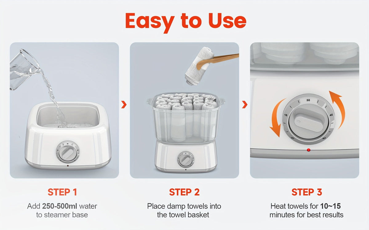 Compact Countertop Towel Steamer with Rotary Control, Black or White Base and Removable Clear Container — image 12