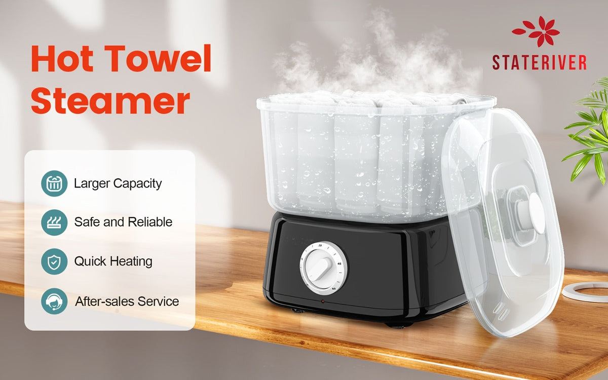 Compact Countertop Towel Steamer with Rotary Control, Black or White Base and Removable Clear Container — image 11