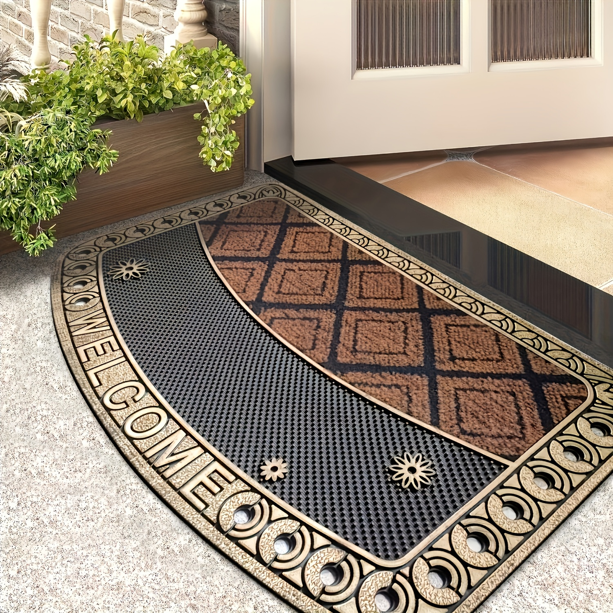 Textured Welcome Door Mat with Bordered Brown-and-Black Geometric Design in A001 or A002 Styles — image 1